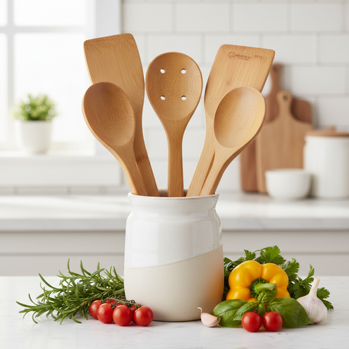 Bamboo Kitchen Utensils Set with ceramic holder