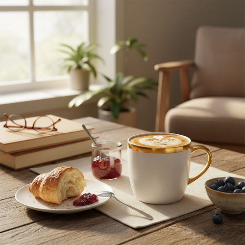 Ceramic Coffee Mug with Gold Rim in matte white